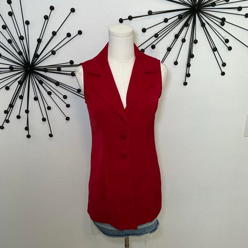 Lisa Jo Red Sleeveless Blazer Vest Top Button Front Career Y2K Size 7/8